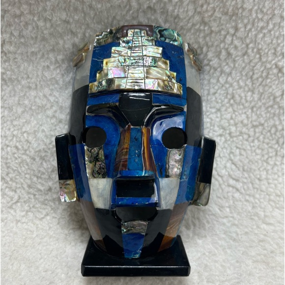 Oaxaca Mayan Aztec mosaic lapis black brown abalone burial decor mask stands 8.5 - Picture 1 of 14